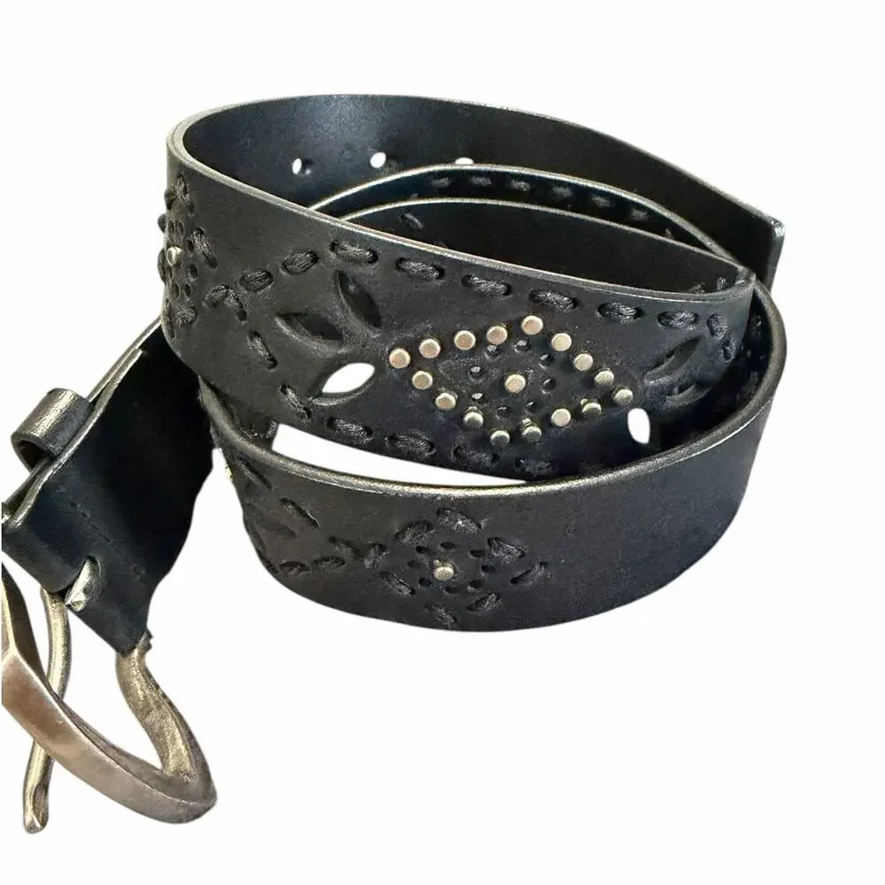 Faded Glory Womens Belt 8M 26-30 Waist Black Leather Blend Silver Buckle